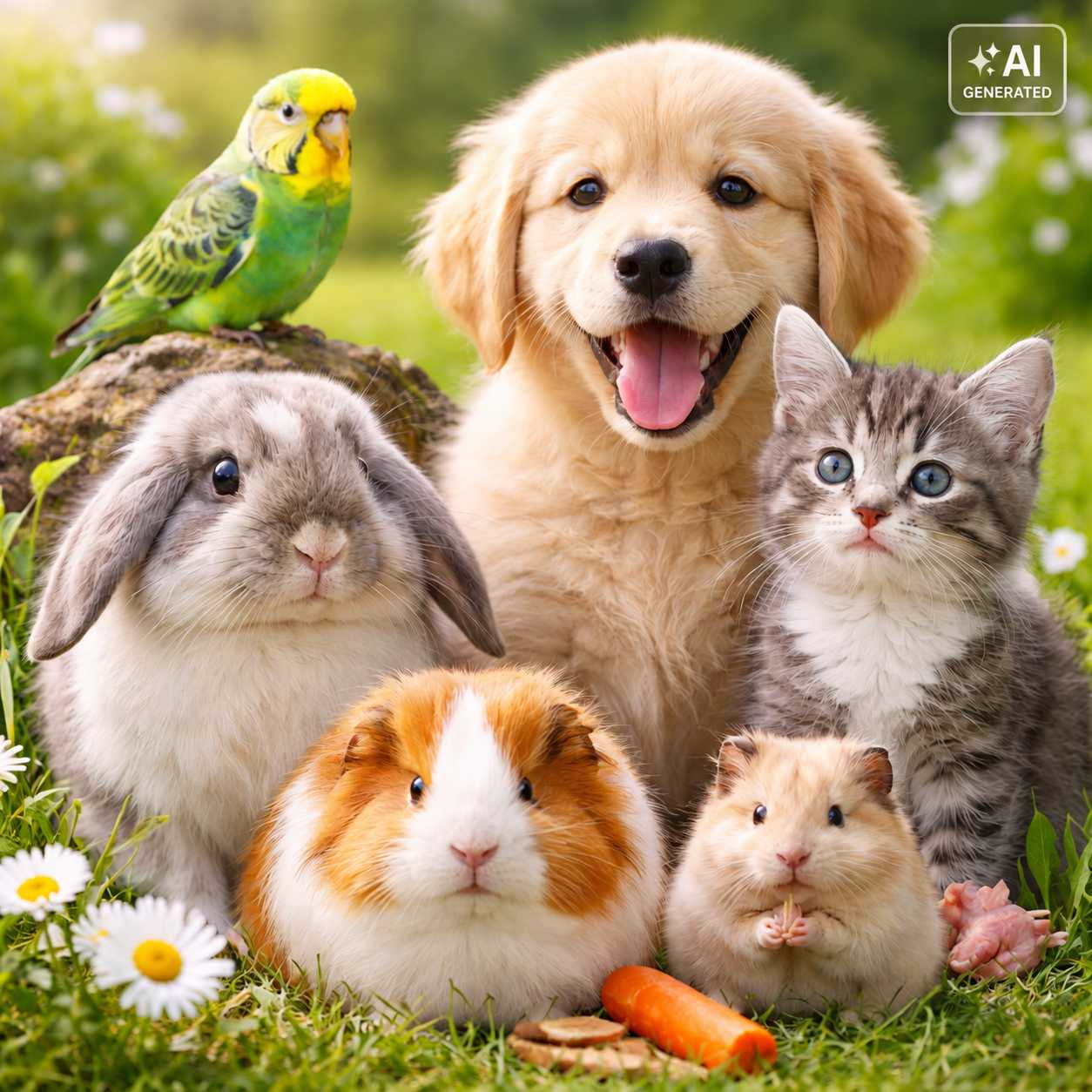 Hund, Katze, Kaninchen, Meerschweinchen, Hamster und Wellensittich auf einer Wiese